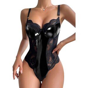 Women Pu Black Bodysuit Bustier Top One Piece Floral Lace Sheer Corset Lingerie